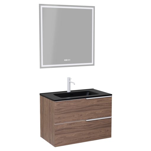 HD Cremona Oak 60 komplett fürdőszoba bútor fali mosdószekrénnyel, matt fehér fogantyúkkal, matt fekete slim mosdóval és tükörrel