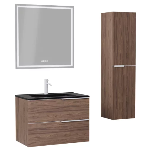 HD Cremona Oak 60 komplett fürdőszoba bútor szett fali mosdószekrénnyel, matt fehér fogantyúkkal, matt fekete slim mosdóval, tükörrel és magasszekrénnyel