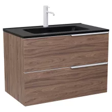 HD Cremona Oak 60 komplett fürdőszoba bútor szett fali mosdószekrénnyel, matt fehér fogantyúkkal, matt fekete slim mosdóval, tükörrel és magasszekrénnyel