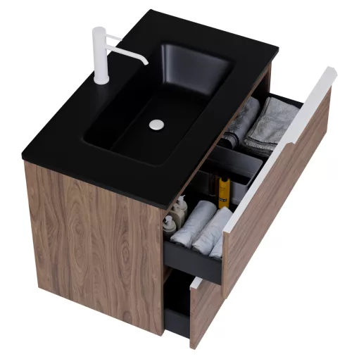 HD Cremona Oak 60 komplett fürdőszoba bútor szett fali mosdószekrénnyel, matt fehér fogantyúkkal, matt fekete slim mosdóval, tükörrel és magasszekrénnyel