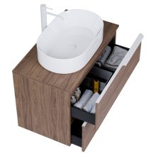 HD Carona Oak 60 komplett fürdőszoba bútor szett fali mosdószekrénnyel, matt fehér fogantyúkkal, tölgyfa színű mosdópulttal, tükörrel és magasszekrénnyel