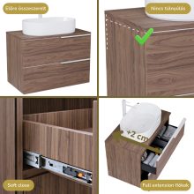 HD Carona Oak 60 komplett fürdőszoba bútor szett fali mosdószekrénnyel, matt fehér fogantyúkkal, tölgyfa színű mosdópulttal, tükörrel és magasszekrénnyel