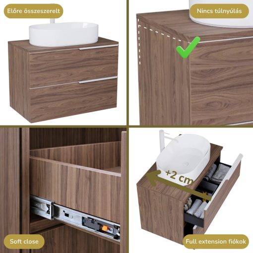 HD Carona Oak 60 komplett fürdőszoba bútor szett fali mosdószekrénnyel, matt fehér fogantyúkkal, tölgyfa színű mosdópulttal, tükörrel és magasszekrénnyel