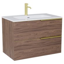 HD Cremona Oak 60 fali mosdószekrény szálcsiszolt arany fogantyúkkal és fényes fehér slim mosdóval