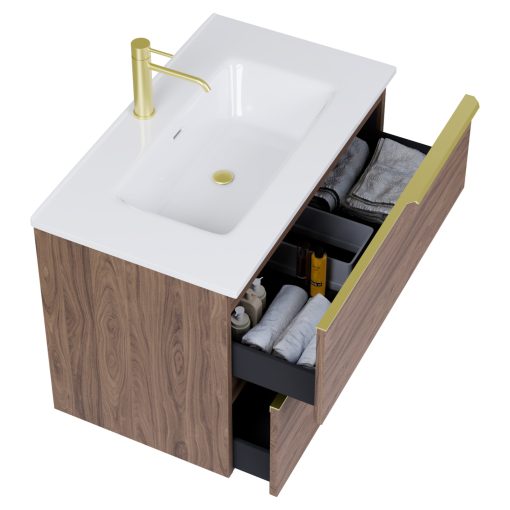 HD Cremona Oak 60 fali mosdószekrény szálcsiszolt arany fogantyúkkal és fényes fehér slim mosdóval