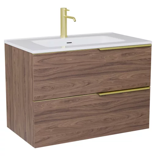 HD Cremona Oak 60 komplett fürdőszoba bútor szett fali mosdószekrénnyel, szálcsiszolt arany fogantyúkkal, fényes fehér slim mosdóval, tükörrel és magasszekrénnyel