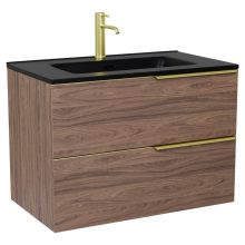 HD Cremona Oak 60 fali mosdószekrény szálcsiszolt arany fogantyúkkal és matt fekete slim mosdóval