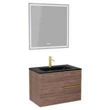 HD Cremona Oak 60 komplett fürdőszoba bútor fali mosdószekrénnyel, szálcsiszolt arany fogantyúkkal, matt fekete slim mosdóval és tükörrel