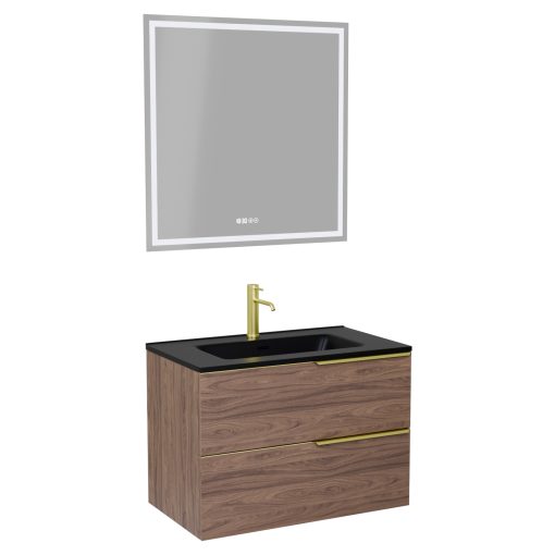 HD Cremona Oak 60 komplett fürdőszoba bútor fali mosdószekrénnyel, szálcsiszolt arany fogantyúkkal, matt fekete slim mosdóval és tükörrel