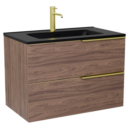 HD Cremona Oak 60 komplett fürdőszoba bútor fali mosdószekrénnyel, szálcsiszolt arany fogantyúkkal, matt fekete slim mosdóval és tükörrel