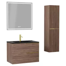 HD Cremona Oak 60 komplett fürdőszoba bútor szett fali mosdószekrénnyel, szálcsiszolt arany fogantyúkkal, matt fekete slim mosdóval, tükörrel és magasszekrénnyel