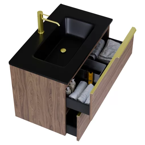 HD Cremona Oak 60 komplett fürdőszoba bútor szett fali mosdószekrénnyel, szálcsiszolt arany fogantyúkkal, matt fekete slim mosdóval, tükörrel és magasszekrénnyel