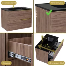 HD Cremona Oak 60 komplett fürdőszoba bútor szett fali mosdószekrénnyel, szálcsiszolt arany fogantyúkkal, matt fekete slim mosdóval, tükörrel és magasszekrénnyel