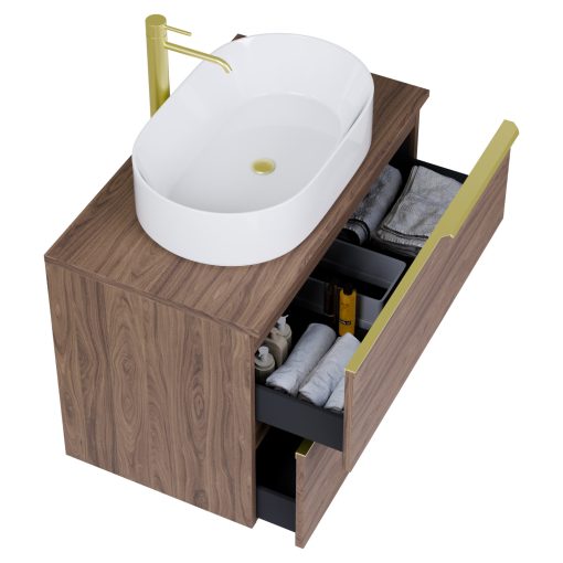 HD Carona Oak 60 fali mosdószekrény tölgyfa színű mosdópulttal és szálcsiszolt arany fogantyúkkal