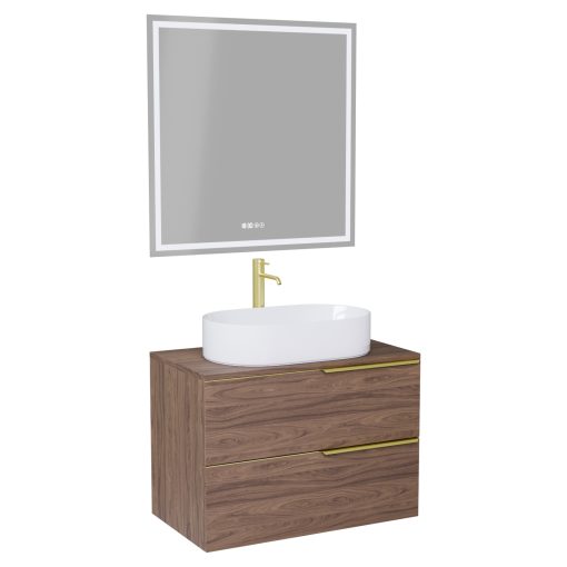 HD Carona Oak 60 komplett fürdőszoba bútor fali mosdószekrénnyel, szálcsiszolt arany fogantyúkkal, tölgyfa színű mosdópulttal és tükörrel