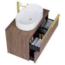 HD Carona Oak 60 komplett fürdőszoba bútor fali mosdószekrénnyel, szálcsiszolt arany fogantyúkkal, tölgyfa színű mosdópulttal és tükörrel