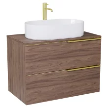 HD Carona Oak 60 komplett fürdőszoba bútor szett fali mosdószekrénnyel, szálcsiszolt arany fogantyúkkal, tölgyfa színű mosdópulttal, tükörrel és magasszekrénnyel