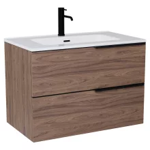 HD Cremona Oak 60 komplett fürdőszoba bútor szett fali mosdószekrénnyel, matt fekete fogantyúkkal, fényes fehér slim mosdóval, tükörrel és magasszekrénnyel