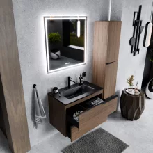 HD Cremona Oak 60 fali mosdószekrény matt fekete fogantyúkkal és matt fekete slim mosdóval