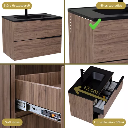 HD Cremona Oak 60 fali mosdószekrény matt fekete fogantyúkkal és matt fekete slim mosdóval