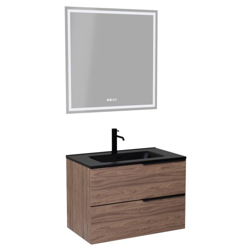 HD Cremona Oak 60 komplett fürdőszoba bútor fali mosdószekrénnyel, matt fekete fogantyúkkal, matt fekete slim mosdóval és tükörrel