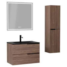 HD Cremona Oak 60 komplett fürdőszoba bútor szett fali mosdószekrénnyel, matt fekete fogantyúkkal, matt fekete slim mosdóval, tükörrel és magasszekrénnyel