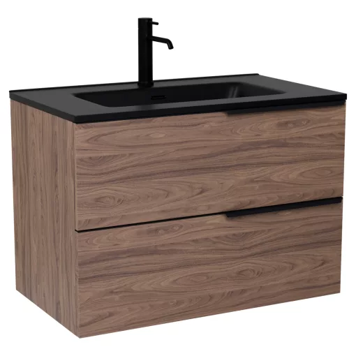 HD Cremona Oak 60 komplett fürdőszoba bútor szett fali mosdószekrénnyel, matt fekete fogantyúkkal, matt fekete slim mosdóval, tükörrel és magasszekrénnyel