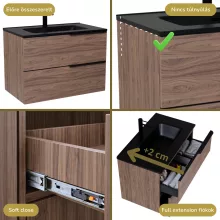 HD Cremona Oak 60 komplett fürdőszoba bútor szett fali mosdószekrénnyel, matt fekete fogantyúkkal, matt fekete slim mosdóval, tükörrel és magasszekrénnyel