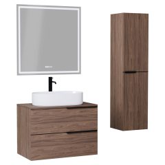   HD Carona Oak 60/80 komplett fürdőszoba bútor szett fali mosdószekrénnyel, matt fekete fogantyúkkal, tölgyfa színű mosdópulttal, tükörrel és magasszekrénnyel