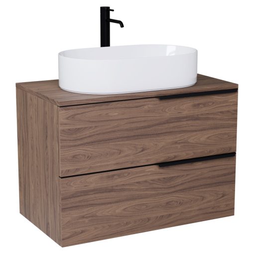 HD Carona Oak 60/80 komplett fürdőszoba bútor szett fali mosdószekrénnyel, matt fekete fogantyúkkal, tölgyfa színű mosdópulttal, tükörrel és magasszekrénnyel