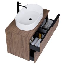 HD Carona Oak 60/80 komplett fürdőszoba bútor szett fali mosdószekrénnyel, matt fekete fogantyúkkal, tölgyfa színű mosdópulttal, tükörrel és magasszekrénnyel