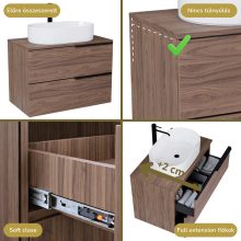 HD Carona Oak 60/80 komplett fürdőszoba bútor szett fali mosdószekrénnyel, matt fekete fogantyúkkal, tölgyfa színű mosdópulttal, tükörrel és magasszekrénnyel