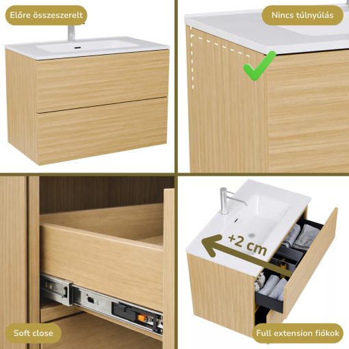 HD Aria Pro Hickory 60 komplett fürdőszoba bútor fali push-to-open mosdószekrénnyel, fényes fehér slim mosdóval és tükörrel