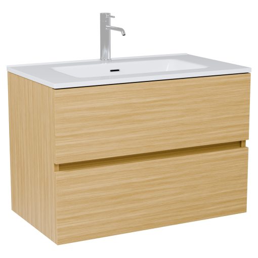 HD Aria Hickory 60 komplett fürdőszoba bútor szett fali mosdószekrénnyel, fényes fehér slim mosdóval, tükörrel és magas szekrénnyel