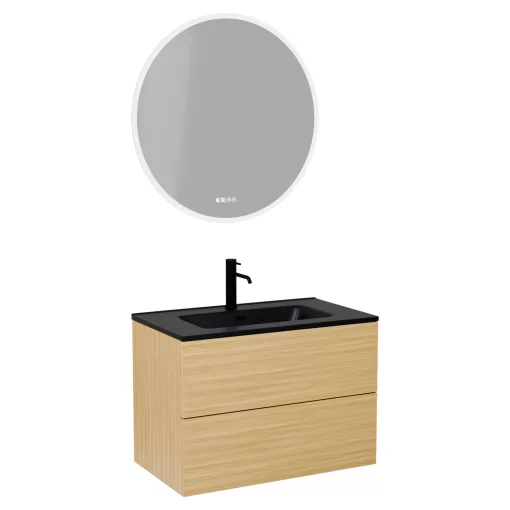 HD Aria Pro Hickory 60 komplett fürdőszoba bútor fali push-to-open mosdószekrénnyel, matt fekete slim mosdóval és tükörrel