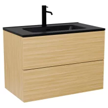 HD Aria Pro Hickory 60 komplett fürdőszoba bútor fali push-to-open mosdószekrénnyel, matt fekete slim mosdóval és tükörrel