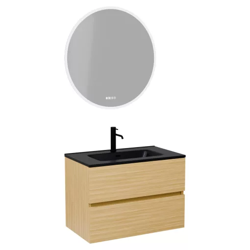 HD Aria Hickory 60 komplett fürdőszoba bútor fali mosdószekrénnyel, matt fekete slim mosdóval és tükörrel