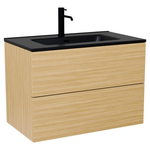 HD Aria Pro Hickory 60 komplett fürdőszoba bútor szett fali push-to-open mosdószekrénnyel, matt fekete slim mosdóval, tükörrel és magas szekrénnyel