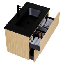 HD Aria Pro Hickory 60 komplett fürdőszoba bútor szett fali push-to-open mosdószekrénnyel, matt fekete slim mosdóval, tükörrel és magas szekrénnyel