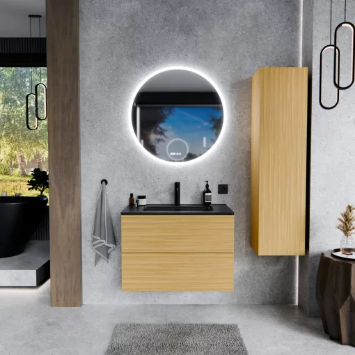 HD Aria Pro Hickory 60 komplett fürdőszoba bútor szett fali push-to-open mosdószekrénnyel, matt fekete slim mosdóval, tükörrel és magas szekrénnyel