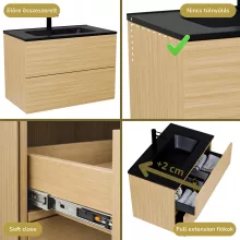 HD Aria Pro Hickory 60 komplett fürdőszoba bútor szett fali push-to-open mosdószekrénnyel, matt fekete slim mosdóval, tükörrel és magas szekrénnyel