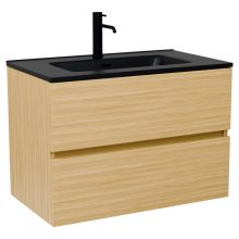 HD Aria Hickory 60 komplett fürdőszoba bútor szett fali mosdószekrénnyel, matt fekete slim mosdóval, tükörrel és magas szekrénnyel