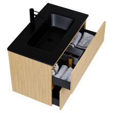 HD Aria Hickory 60 komplett fürdőszoba bútor szett fali mosdószekrénnyel, matt fekete slim mosdóval, tükörrel és magas szekrénnyel