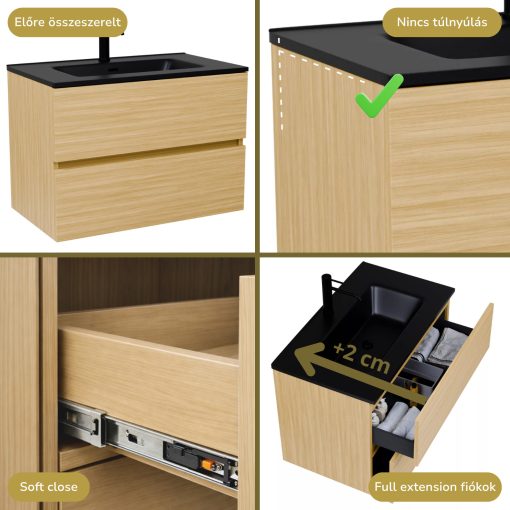 HD Aria Hickory 60 komplett fürdőszoba bútor szett fali mosdószekrénnyel, matt fekete slim mosdóval, tükörrel és magas szekrénnyel