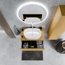 HD Zyra Pro Hickory 60 fali mosdószekrény, push-to-open mechanizmussal, hikoridió színű mosdópulttal
