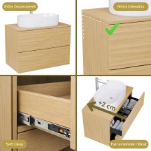 HD Zyra Pro Hickory 60 komplett fürdőszoba bútor szett fali push-to-open mosdószekrénnyel, hikoridió színű mosdópulttal, tükörrel és magas szekrénnyel