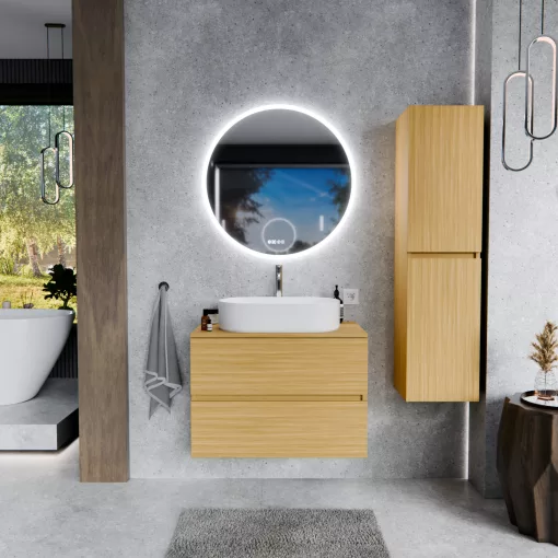 HD Zyra Hickory 60/80/100/120 komplett fürdőszoba bútor szett fali mosdószekrénnyel, hikoridió színű mosdópulttal, tükörrel és magas szekrénnyel