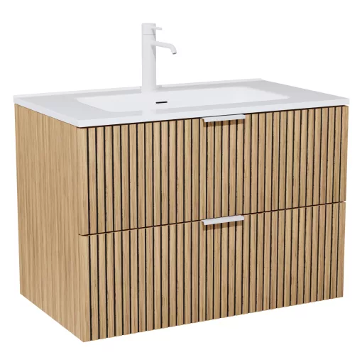 HD Parma Hickory 60 komplett fürdőszoba bútor fali mosdószekrénnyel, matt fehér fogantyúkkal, fényes fehér slim mosdóval és tükörrel