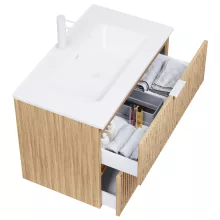 HD Parma Hickory 60 komplett fürdőszoba bútor fali mosdószekrénnyel, matt fehér fogantyúkkal, fényes fehér slim mosdóval és tükörrel