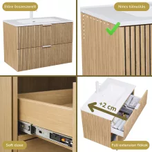 HD Parma Hickory 60 komplett fürdőszoba bútor fali mosdószekrénnyel, matt fehér fogantyúkkal, fényes fehér slim mosdóval és tükörrel